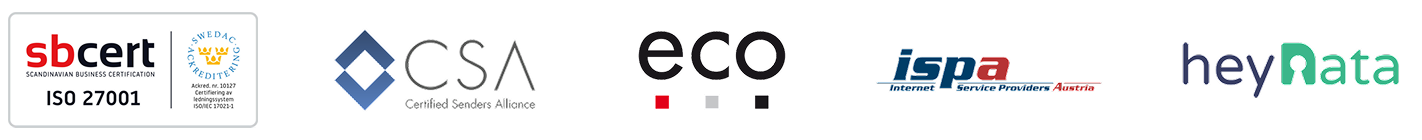 ISO 27001, CSA, eco, ISPA, heyData certifications